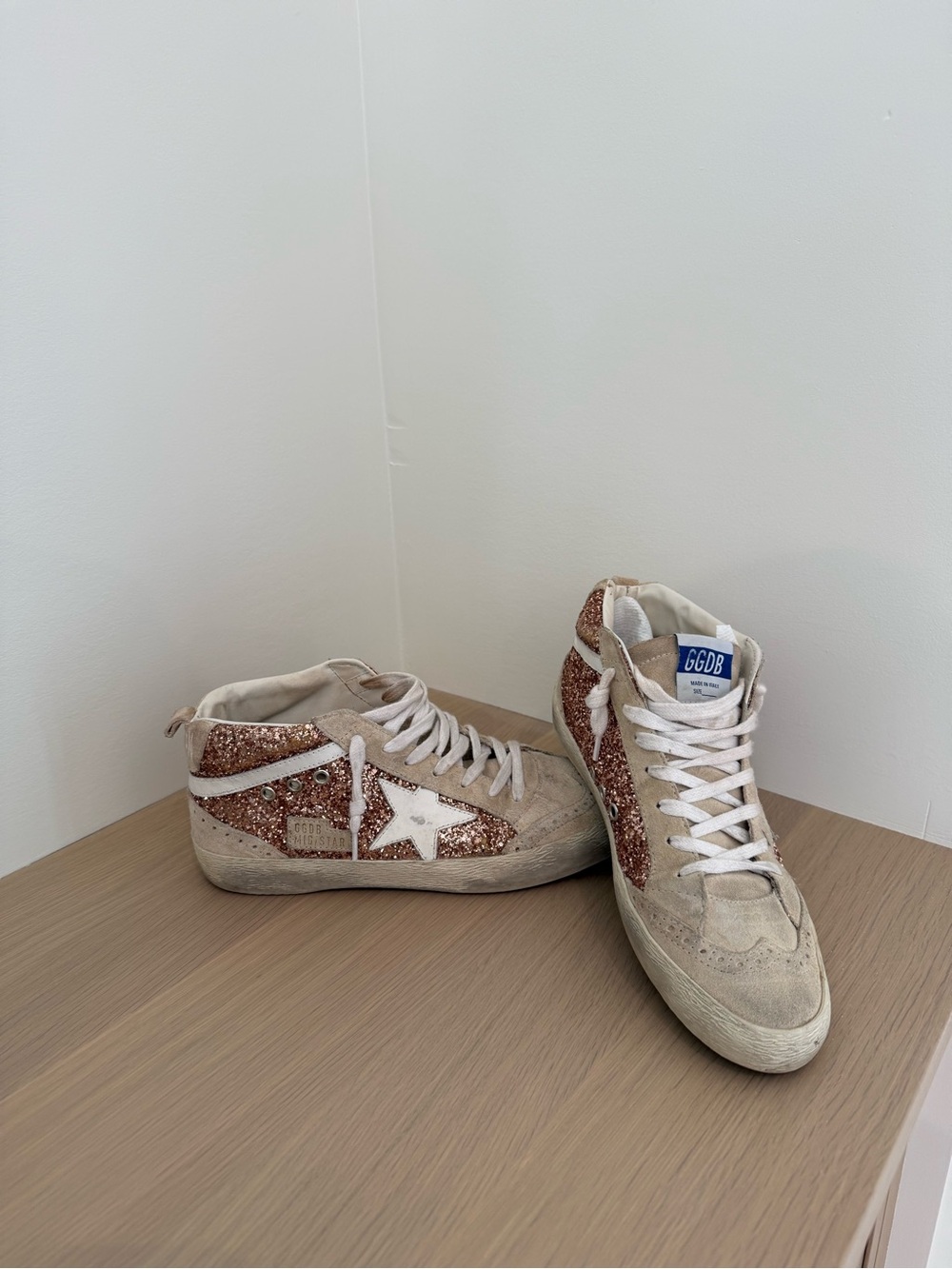 Golden Goose Mid-Top Sneakers with Rose Gold Glitter Panels